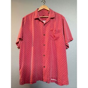 Tommy Bahama 100% Silk Short Sleeve Button-Up Shirt Red Geometric Print XL